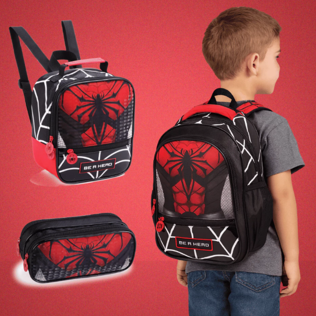 Mochila Escolar Infantil Spider Aranha Menino Lancheira Estojo Duplo Resistente Premium