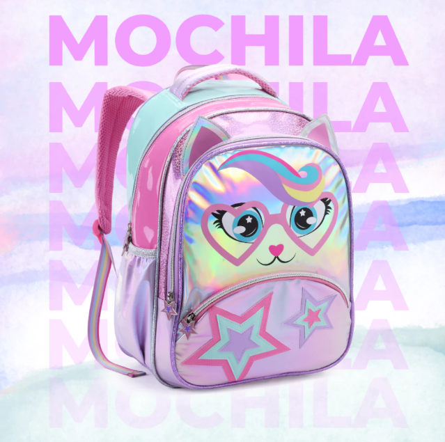 Mochila Escolar Gatinha Estrela Escolar Lancheira e Estojo Bolsa De Rodinha Menina Feminina