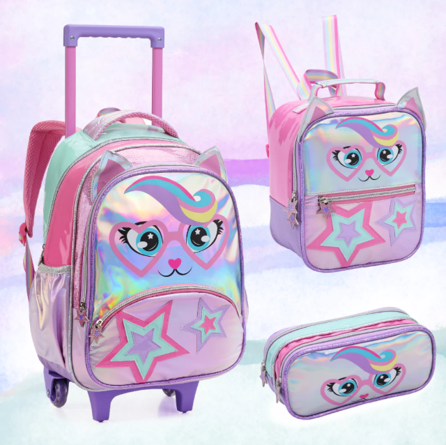 Mochila Escolar Gatinha Estrela Escolar Lancheira e Estojo Bolsa De Rodinha Menina Feminina