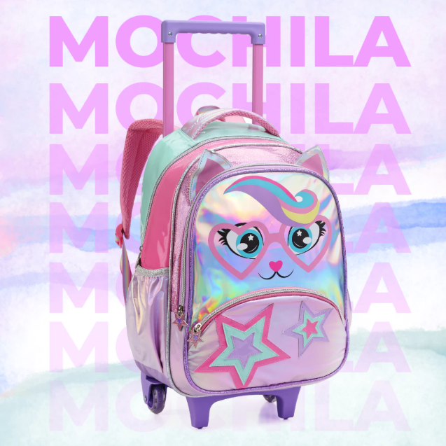 Mochila Escolar Gatinha Estrela Escolar Lancheira e Estojo Bolsa De Rodinha Menina Feminina