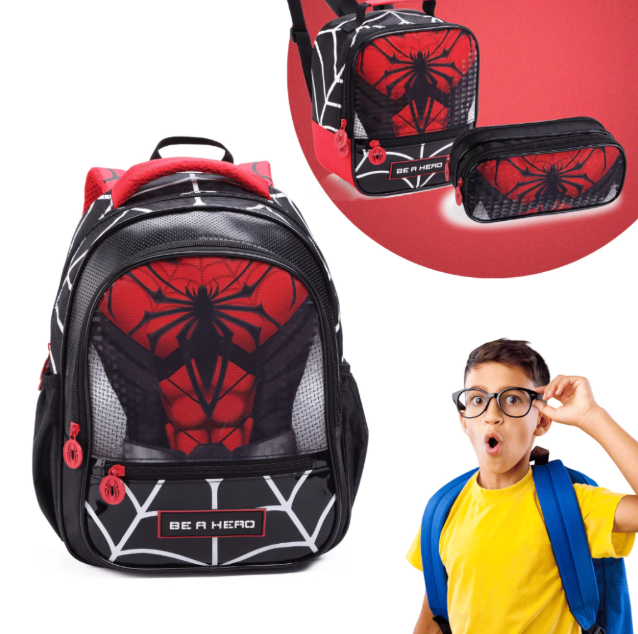 Mochila Escolar Infantil Spider Aranha Menino Lancheira Estojo Duplo Resistente Premium