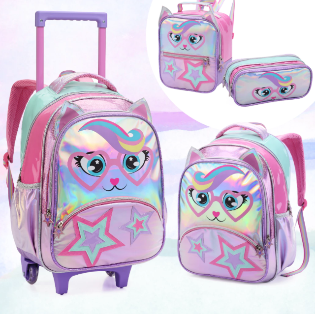 Mochila Escolar Gatinha Estrela Escolar Lancheira e Estojo Bolsa De Rodinha Menina Feminina