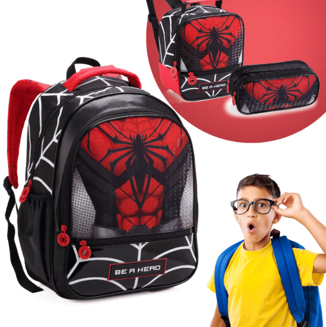 Mochila Escolar Infantil Spider Aranha Menino Lancheira Estojo Duplo Resistente Premium